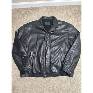 John Ashford Black Genuine Leather Bomber Jacket XL Full Zip Snap Collar